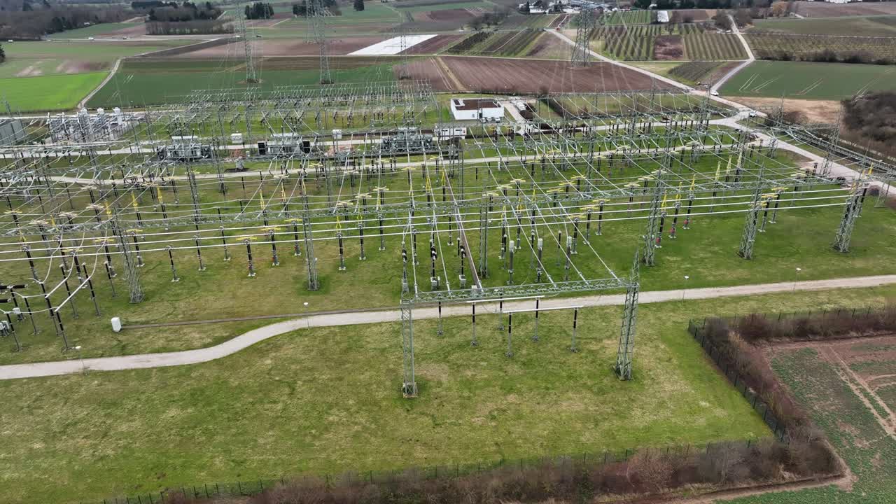Large high voltage transformer station - aerial view