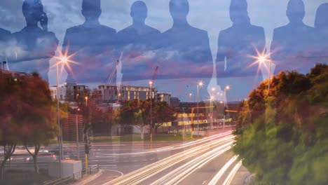 animation of city at dusk and business people silhouettes