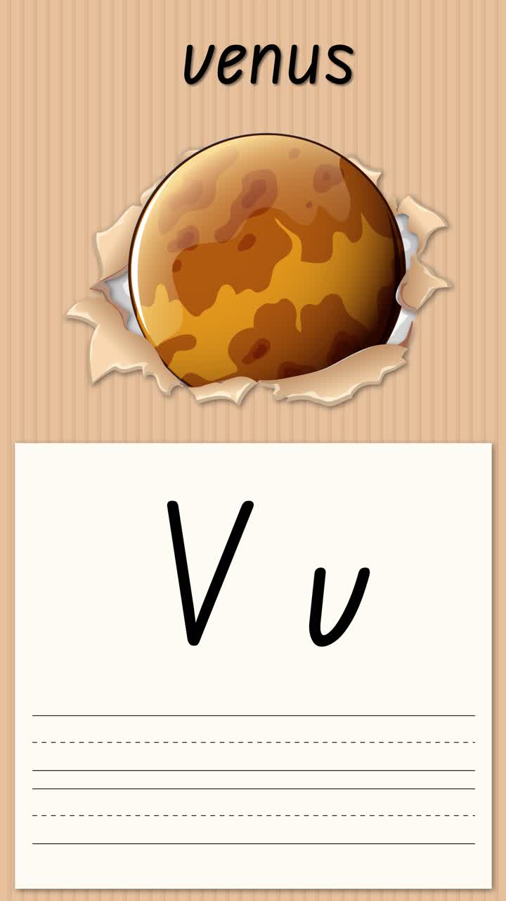 Animated educational worksheet teaches letter V using Venus planet graphics and handwriting practice exercises