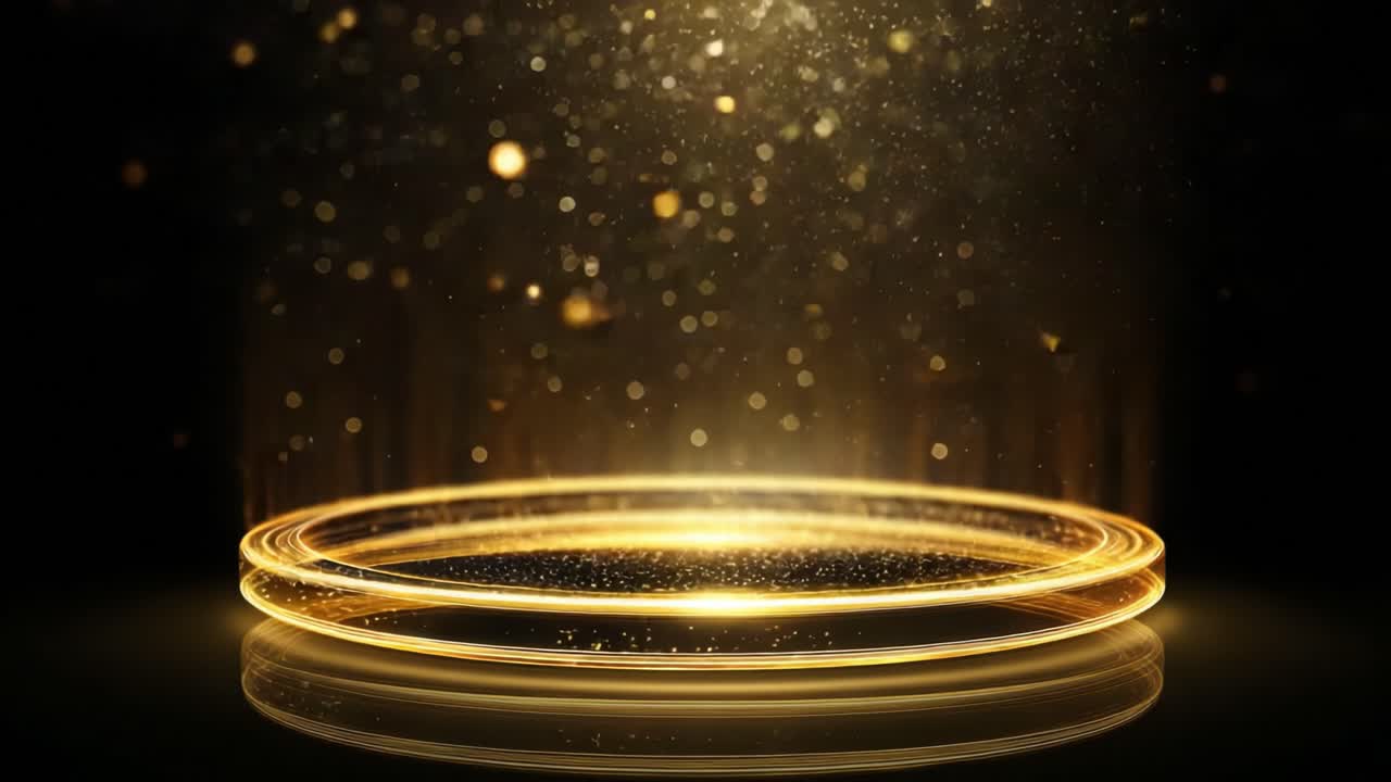 Magical Golden Platform Surrounded by Sparkling Particles Reflecting Light and Creating a Mesmerizing Atmosphere for Dreams and Enchantment in a Fantasy Realm