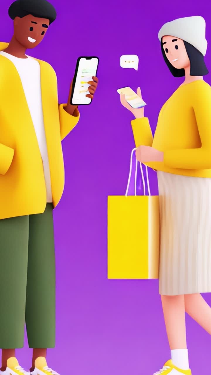 Engaging Interaction Between Two Young People in Bright Yellow Attire Discussing a Mobile Phone and Shopping Bag Against a Vibrant Purple Background