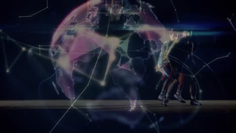 animación de redes de conexiones con el mundo sobre diversos jugadores de baloncesto en el gimnasio