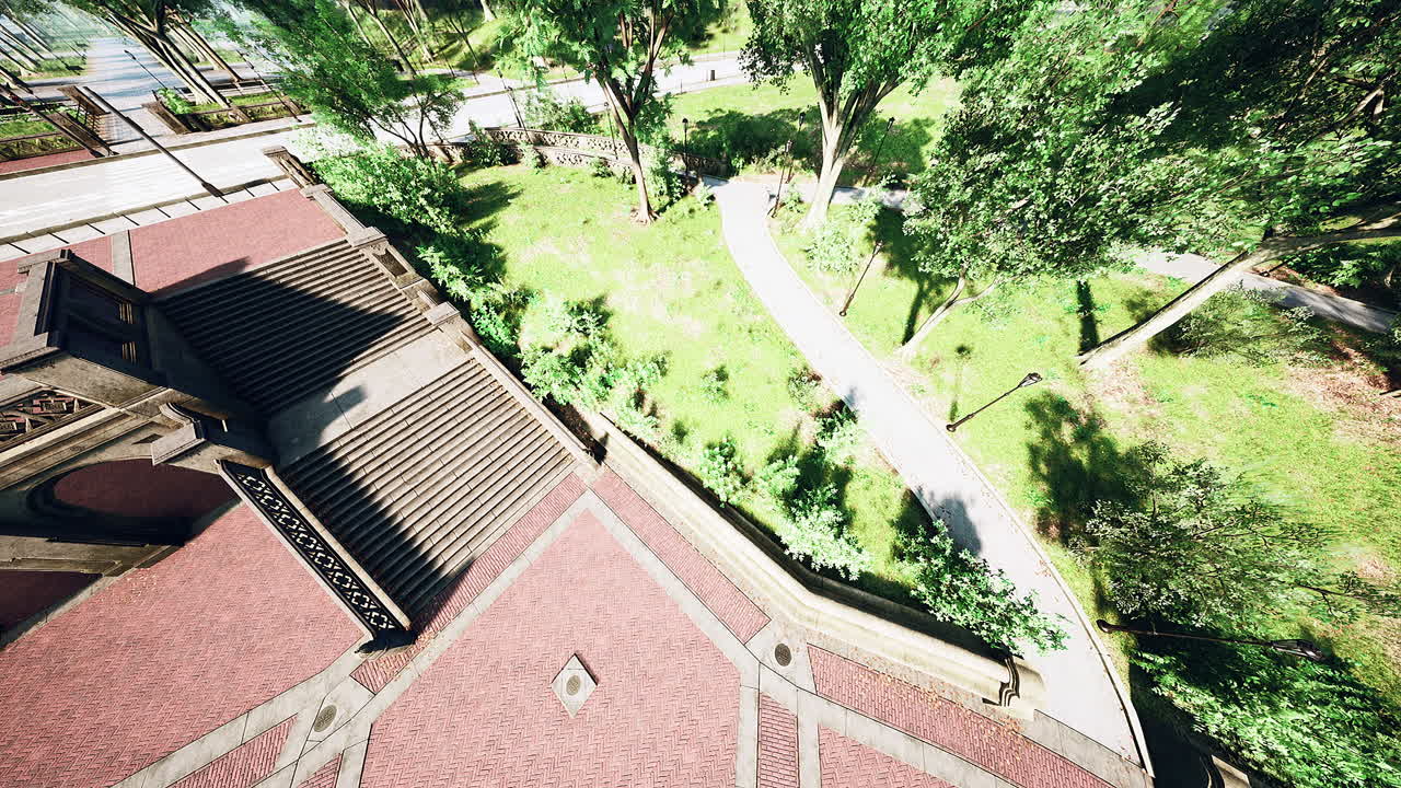 초록색 잔디 ⁇  과 경로 를 가진 공원 의 높이 에서의 전망