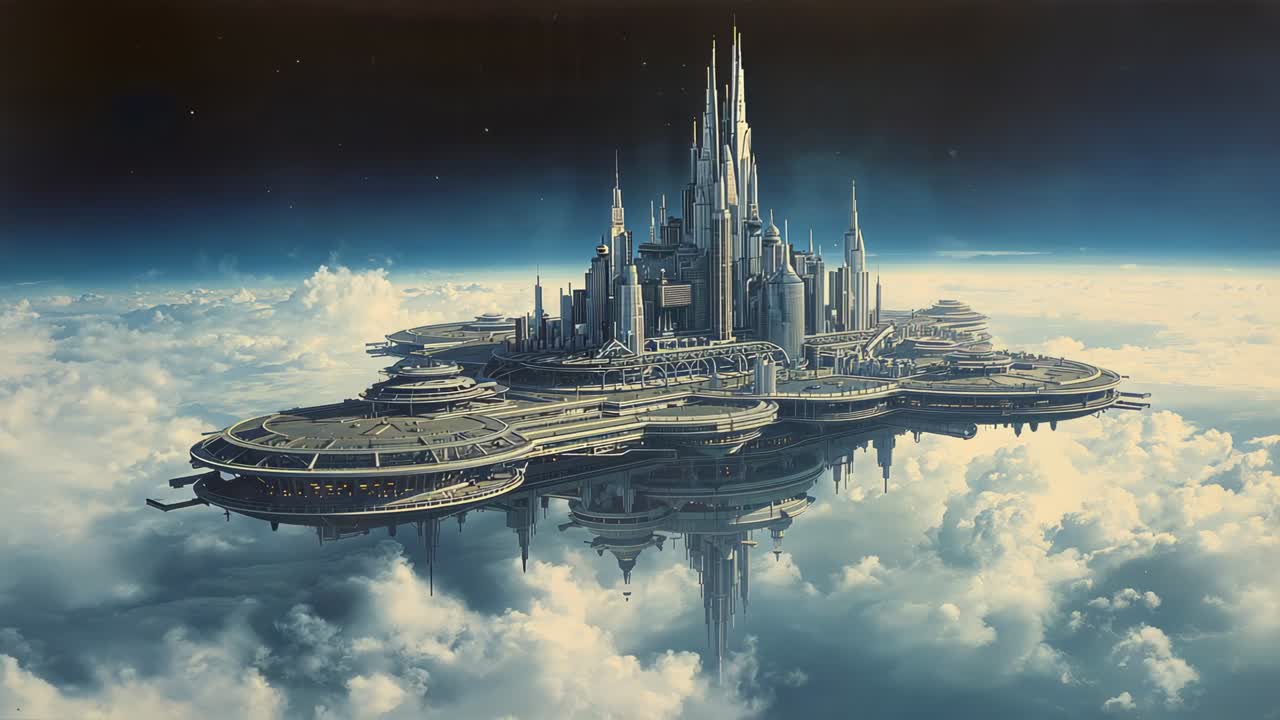 Zooming camera triggered by slow zoom, approaching floating city above clouds, revealing platforms