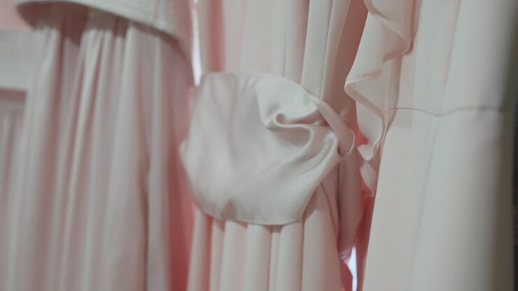 Primo piano dettagliato di eleganti abiti da damigella rosa cipria, con focus su una liscia fascia di raso legata in vita, che mostra le morbide texture del tessuto e lo stile nuziale femminile.