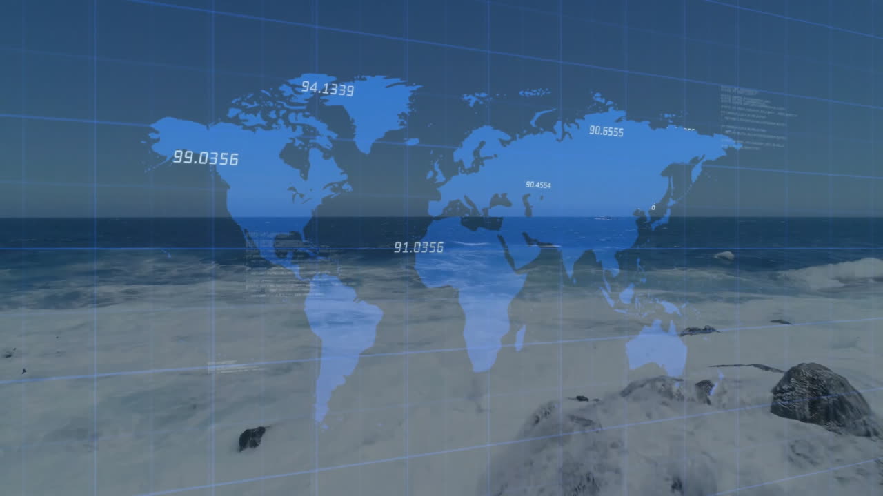 Animation of numerical data overlaying world map in school geography lesson