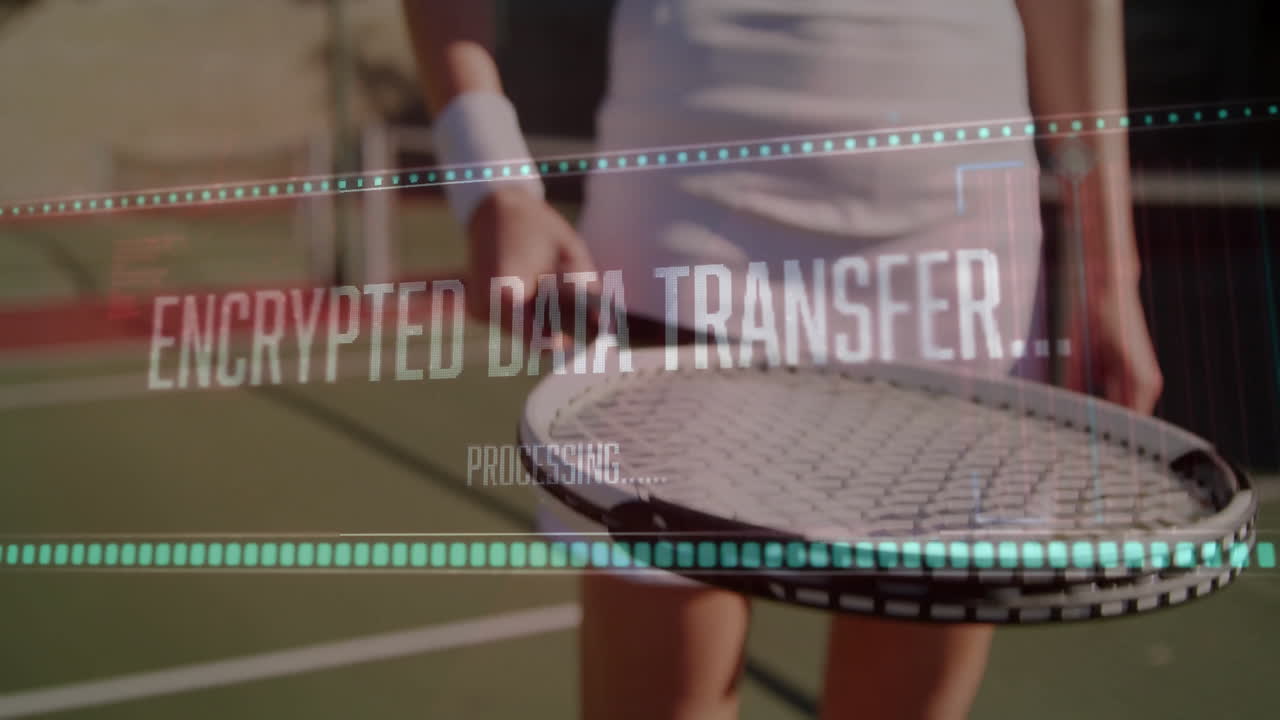 woman holding racket preparing return on green tennis court with sports tech data overlays