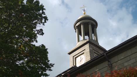 Close-up-showing-a-clock-tower-of-an-office-building-on-a-sunny-day-in-a-Boston-park