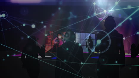 network of connections against group of people dancing at a disco