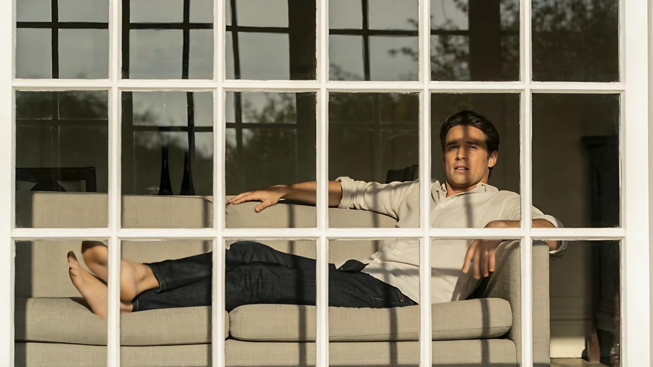 Sunlight waking man stretching opening eyes on beige sofa by grid window in rolled-sleeves barefoot