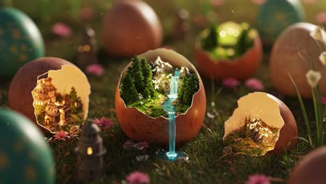 whimsical nested worlds: enchanted scenes inside eggshells with lush landscapes, sparkling waterfalls, and tiny castles under a gentle glow