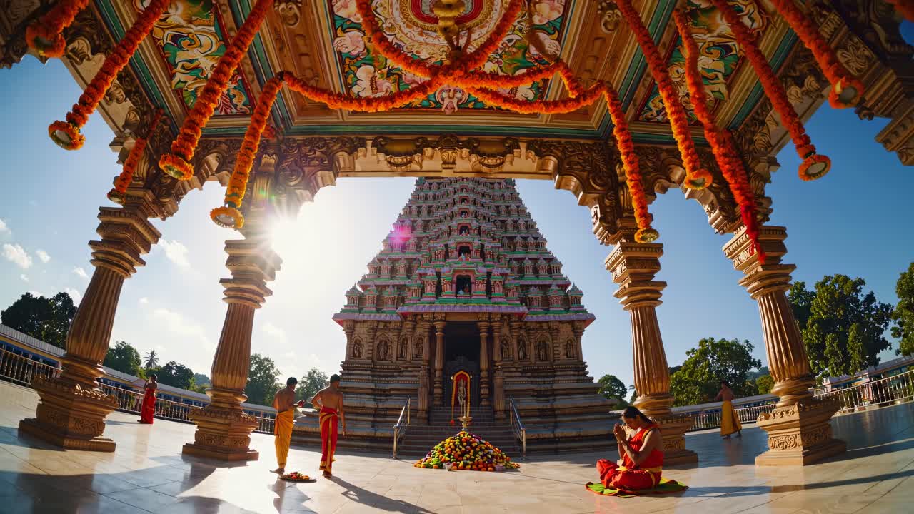 Vibrant temple scene captured in a wide-angle shot, showcasing intricate architecture and cultural