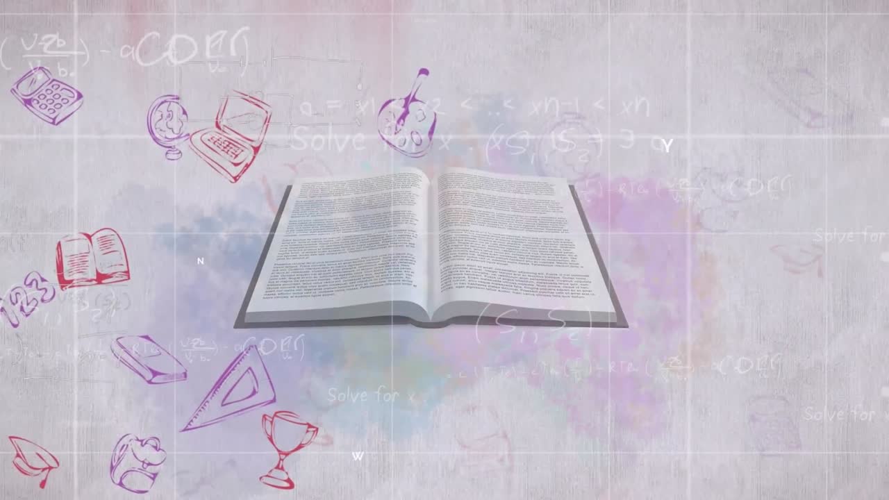 Animazione di icone scolastiche con spazio per il testo e un libro su sfondo bianco
