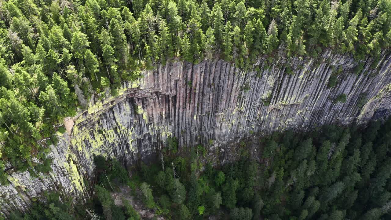 Aerial orbital view showcasing cliffs and a river flowing through a dense Evergreen forest in the Pacific Northwest, Washington State.