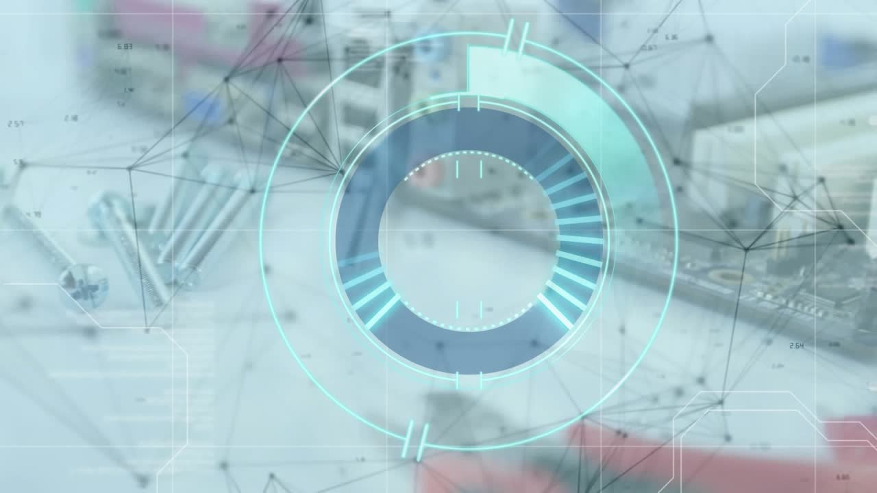 Animation af scanning over finansielt netværk af forbindelser og skrivebord med værktøj.