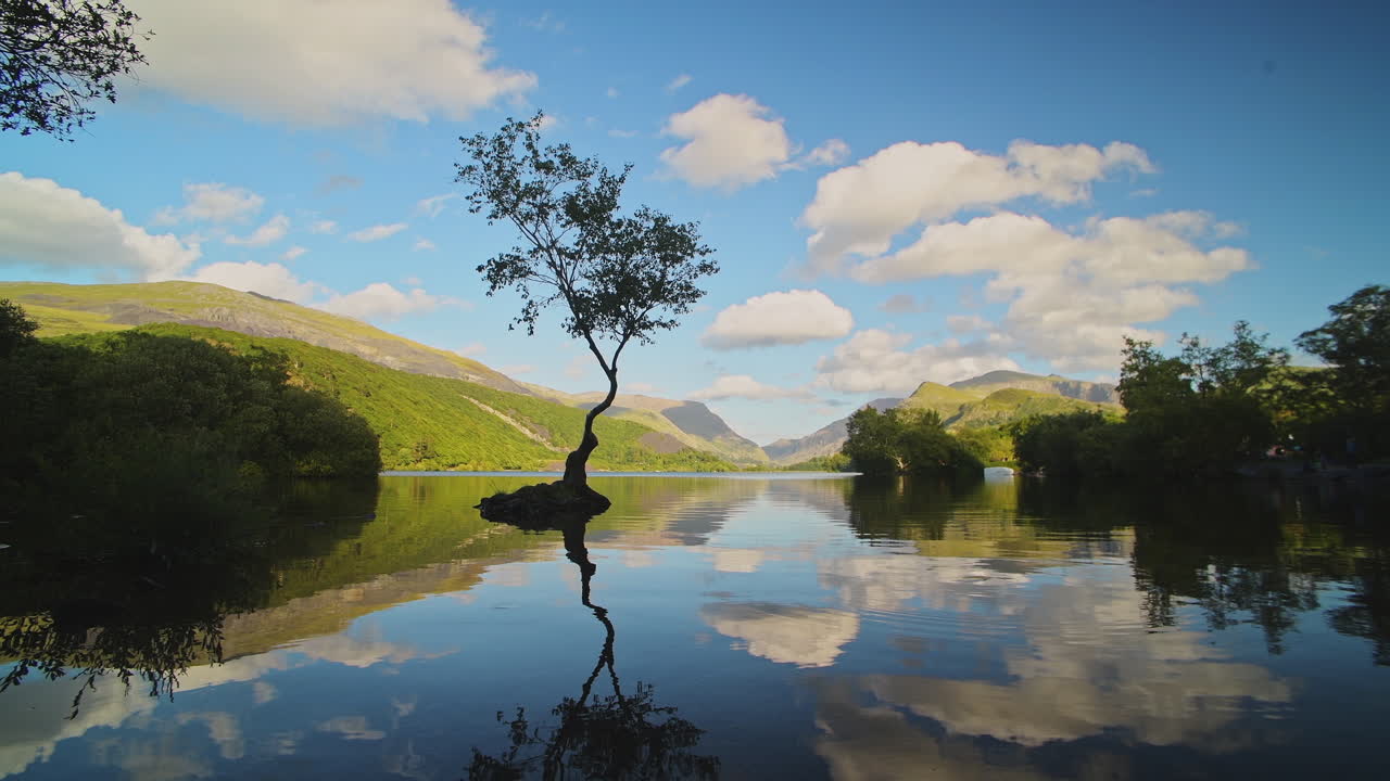 Picturesque Scenery Of Snowdonia National Park - Nature Reflections In calm, still, glassy Water - Panning shot