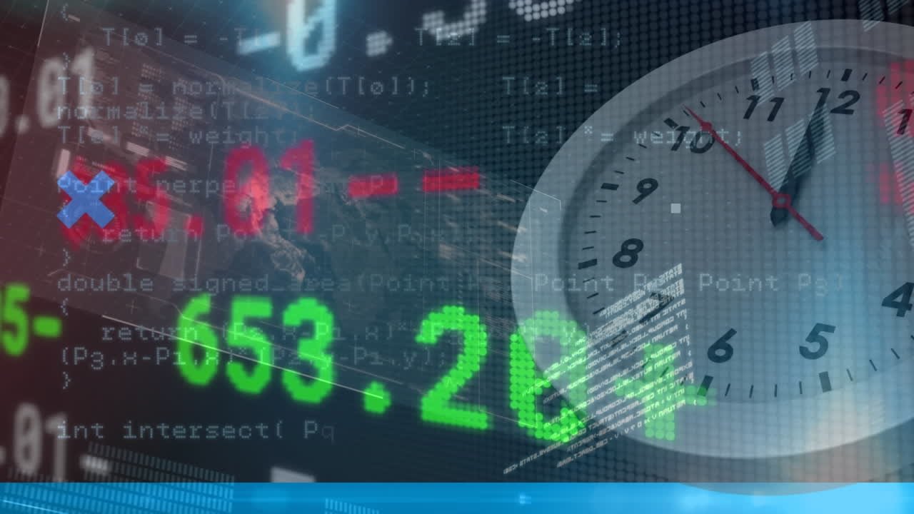 Animazione dell'elaborazione di dati statistici e del mercato azionario su un orologio che ticchetta, su sfondo blu.