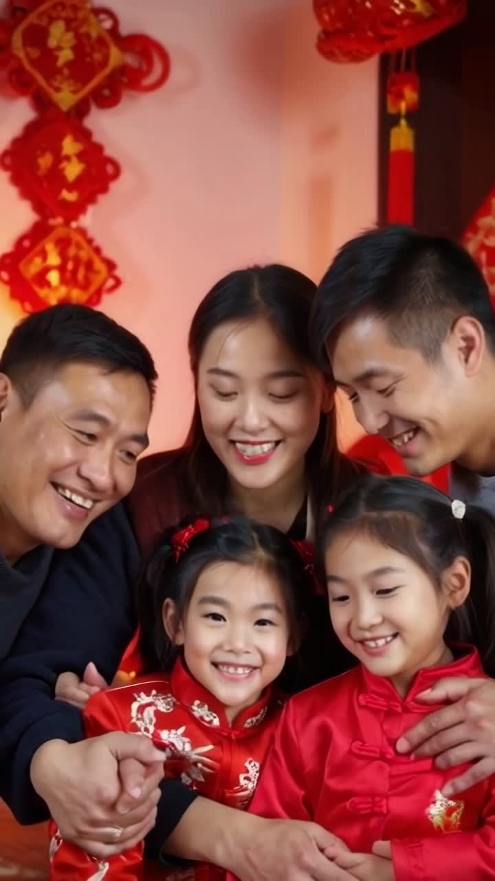 A close-up scene of a Chinese family celebrating Chinese New Year at home