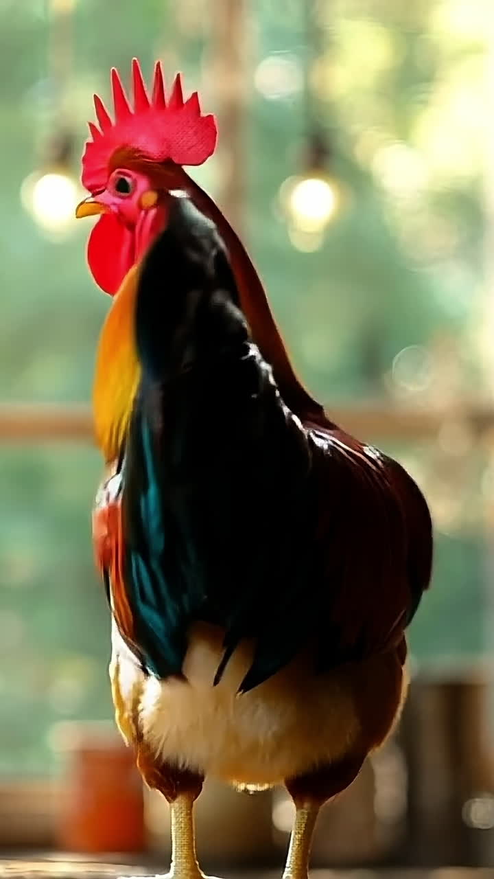 Colorful rooster stands in sunlight. A vibrant rooster with rainbow feathers stands elegantly in a sunlit barn, surrounded by natural light and rustic decor.