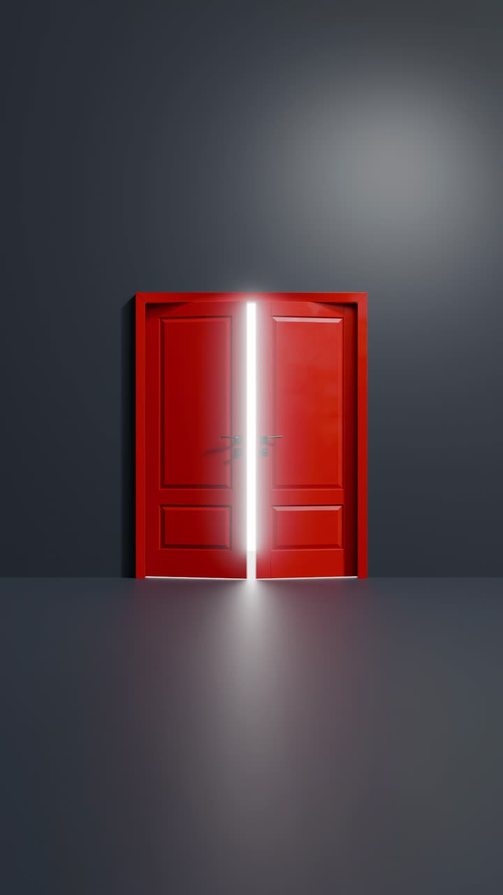 A bright light coming from behind a red door