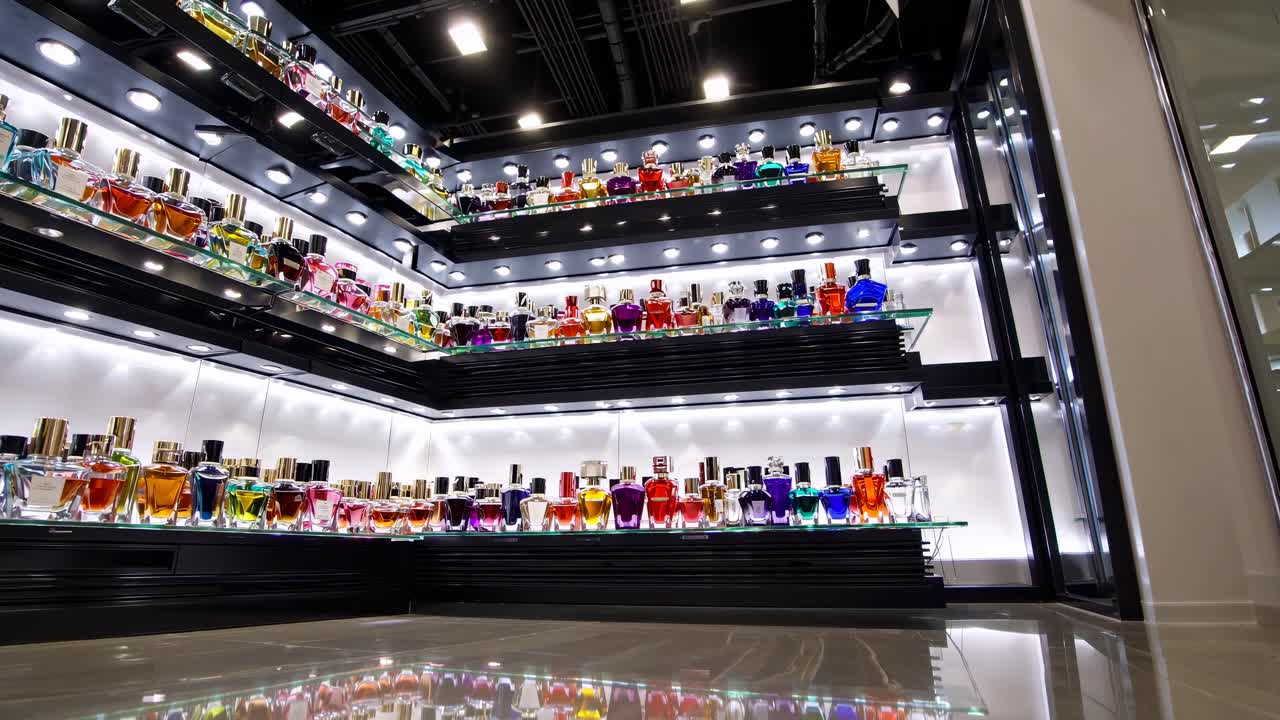 Low-angle shot of a sleek, modern perfume display with vibrant bottles, under bright lighting