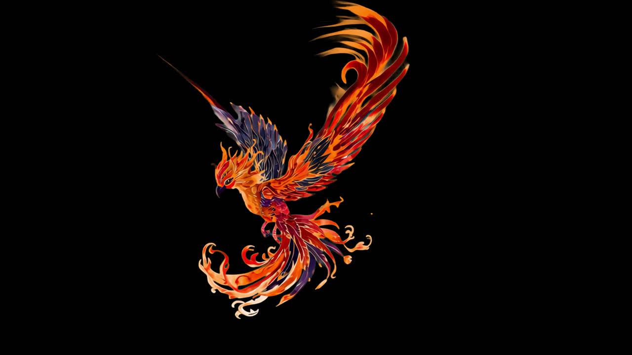 Vibrant fiery phoenix illustration soaring animated overlay, transparent 4K video, alpha channel