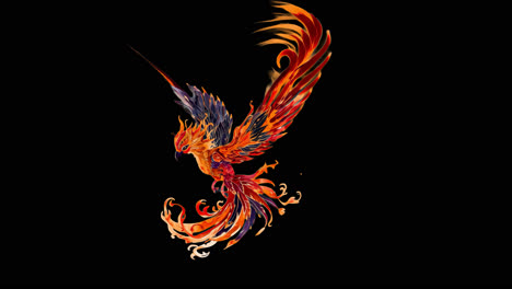 vibrant fiery phoenix illustration soaring animated overlay, transparent 4k video, alpha channel