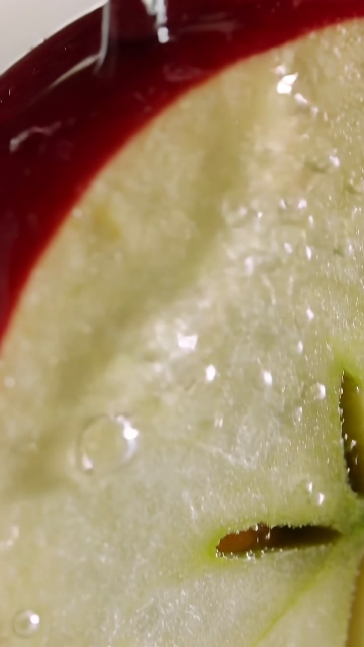 Halved red apple taking liquid from nozzle, droplets forming, sliding into seed slot, product shot
