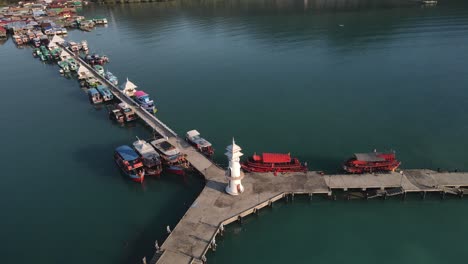 Fast-orbit-shot-above-the-lighthouse-on-Bang-Bao-pier-in-Koh-Chang,-Thailand