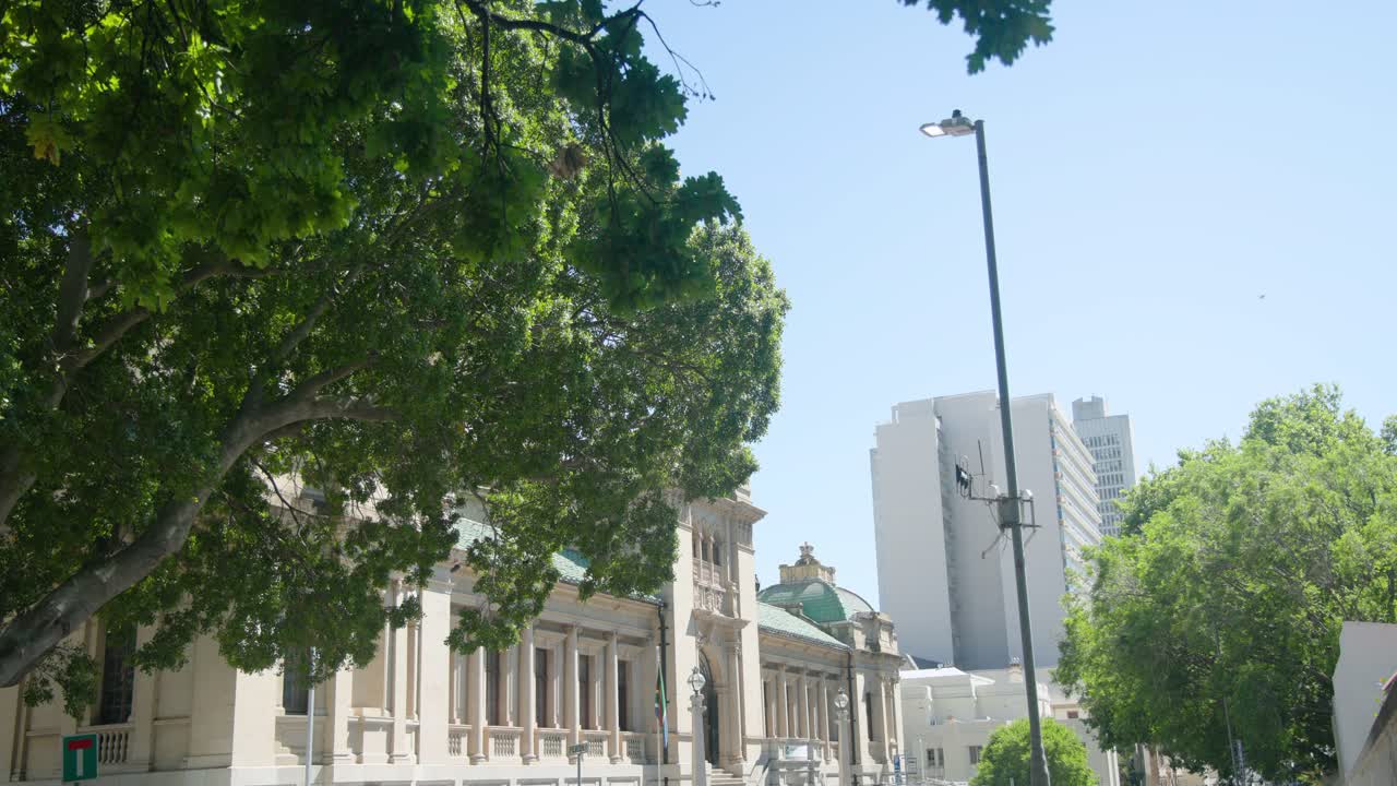 Comienza una brisa ligera, un gran árbol de hoja caduca balancea su copa y revela un edificio con columnas.