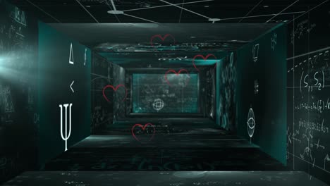 animación de corazones y procesamiento de datos sobre fondo negro