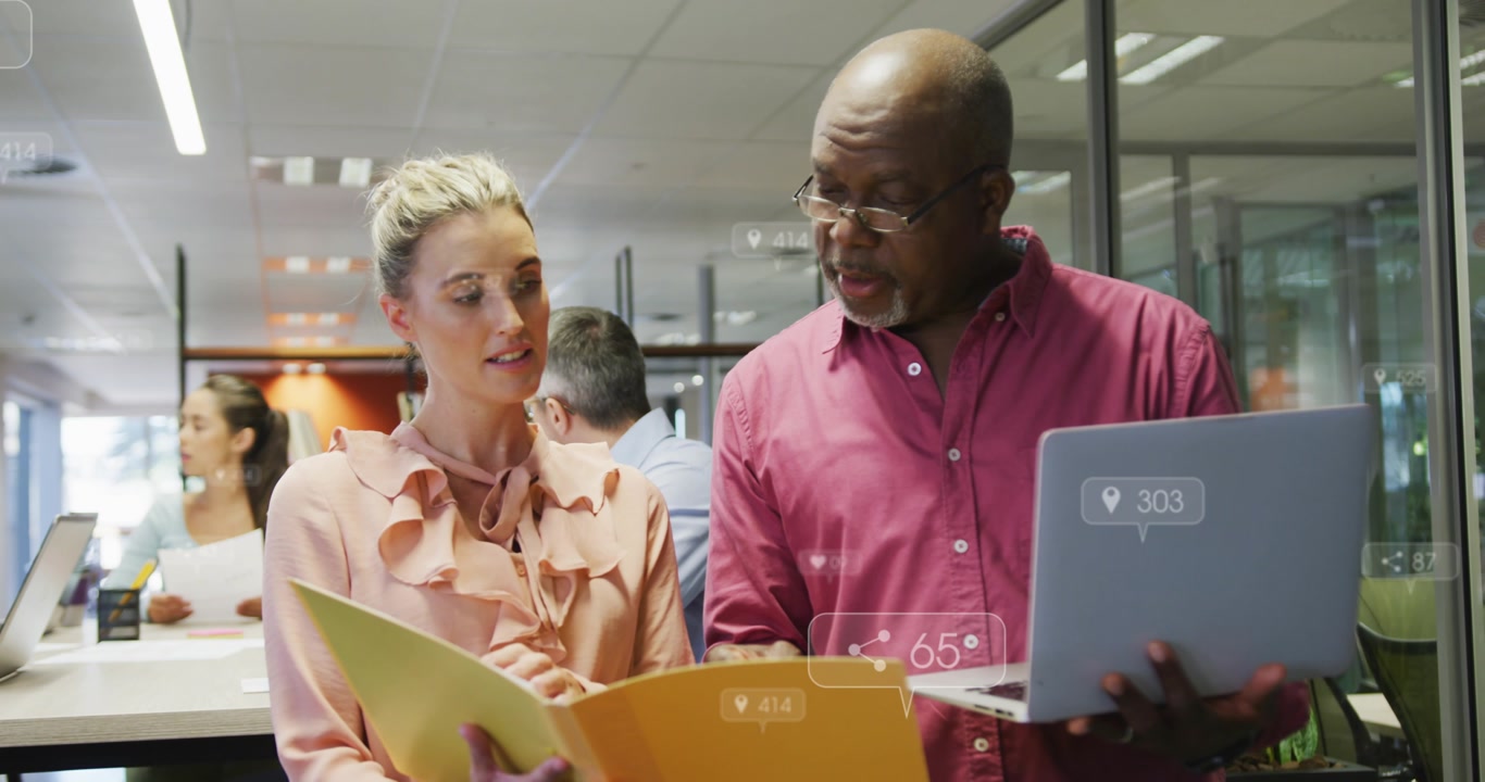 Man pointing at folder starting business review, woman turning pages, metrics overlaying