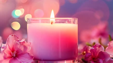 a pink candle sitting on top of a table surrounded by pink flowers
