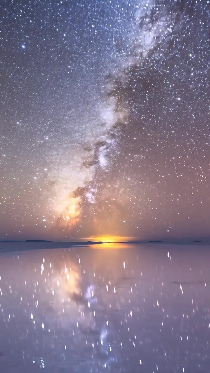 Vertical video: Showing Milky Way mirroring on salt flat after pillar rising, meteors fading