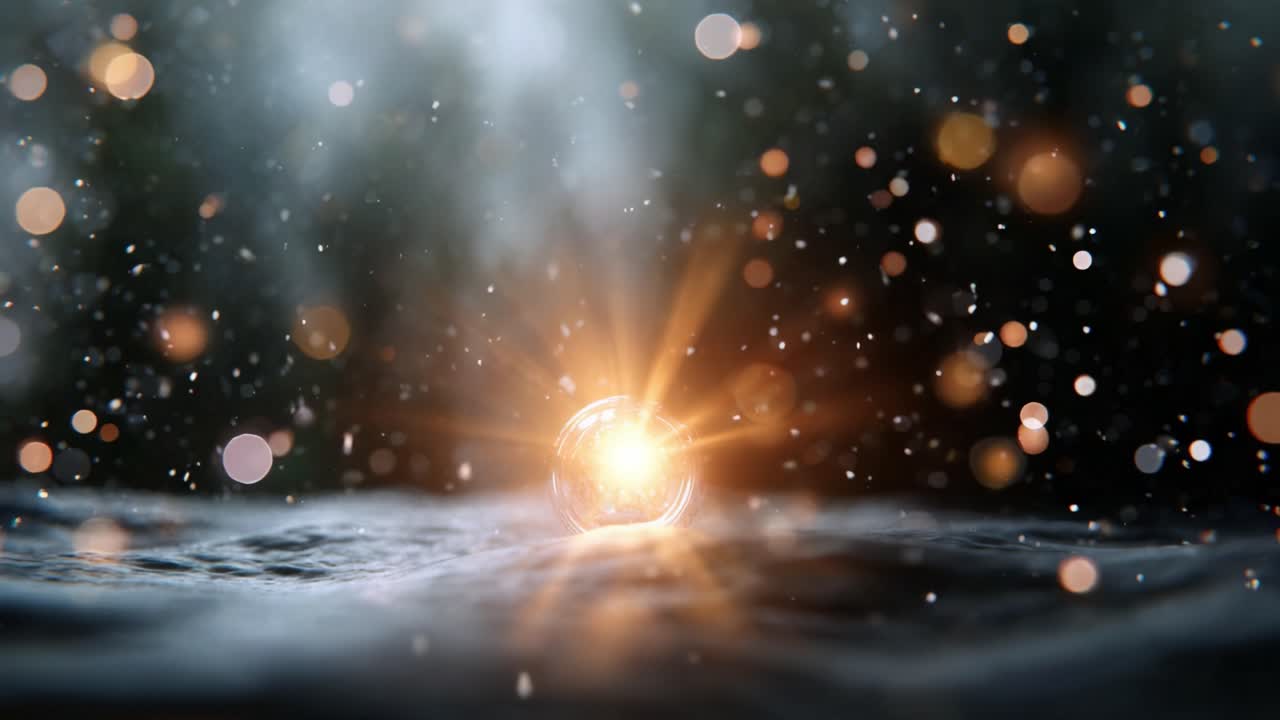 視覚的な静けさに満ちた2つの魅惑的なフレームに収められた、水面を突き破る輝く光ときらめく粒子が織りなす夢のような雰囲気