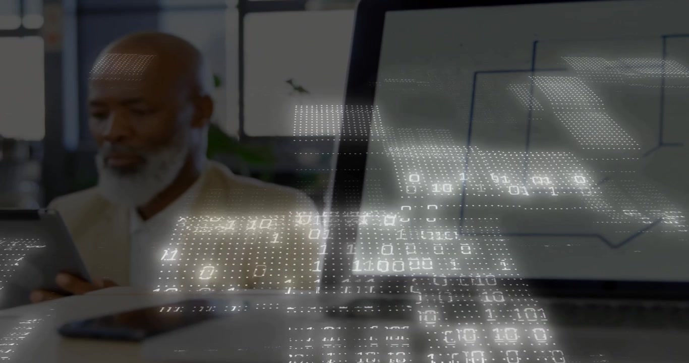 Businessman tapping tablet at desk and sparking binary overlay over PC schematic for data analysis