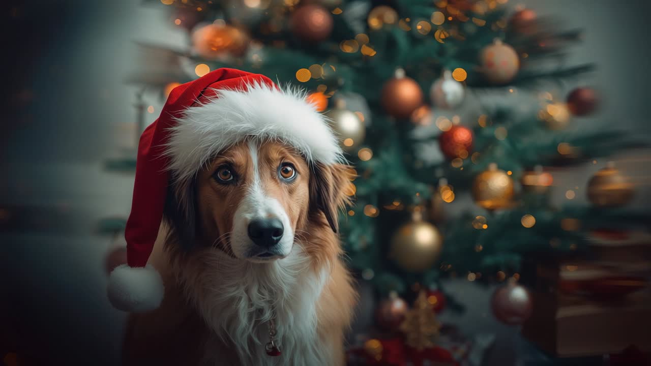 Recording brown and white dog wearing Santa hat staring and tilting head before Christmas tree