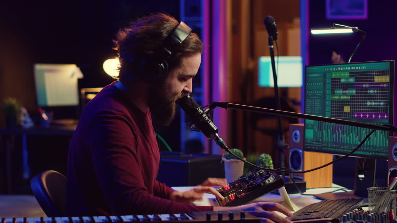 productor de música grabando instrumento de piano y voces para editar una nueva canción