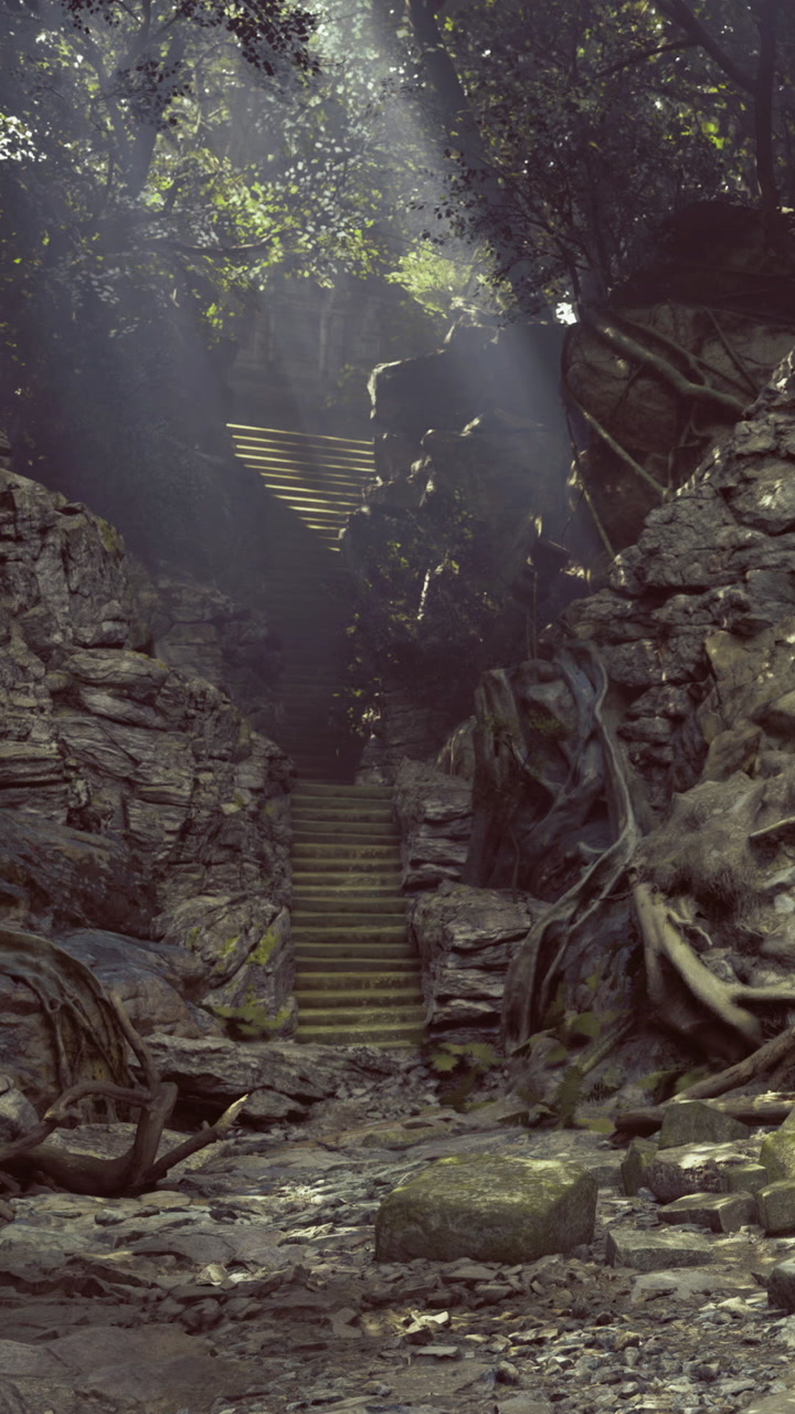 Mystical staircase embraced by nature in an ancient forgotten realm