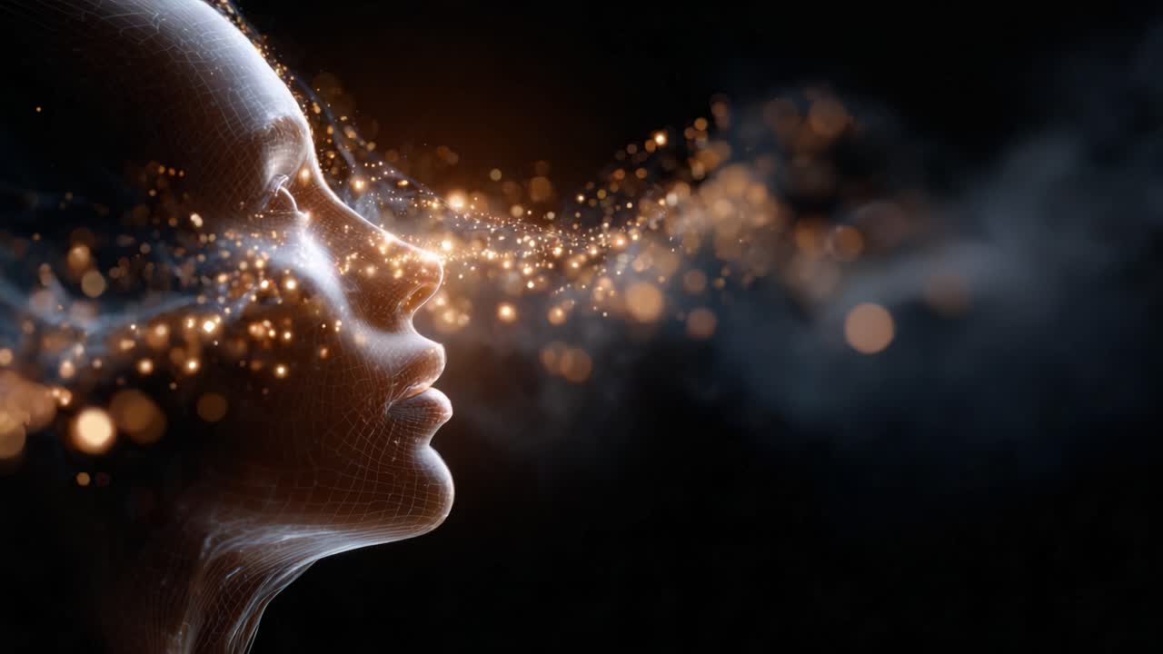 Ritratto Accattivante di una Figura Mistica che Emana Luce ed Energia, Circondata da un'Aura Onirica di Particelle Scintillanti in uno Spazio Oscurato