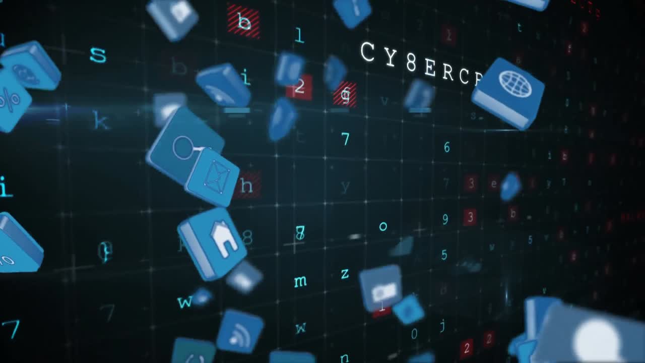 Icone di Internet in un cubo su uno sfondo con codici