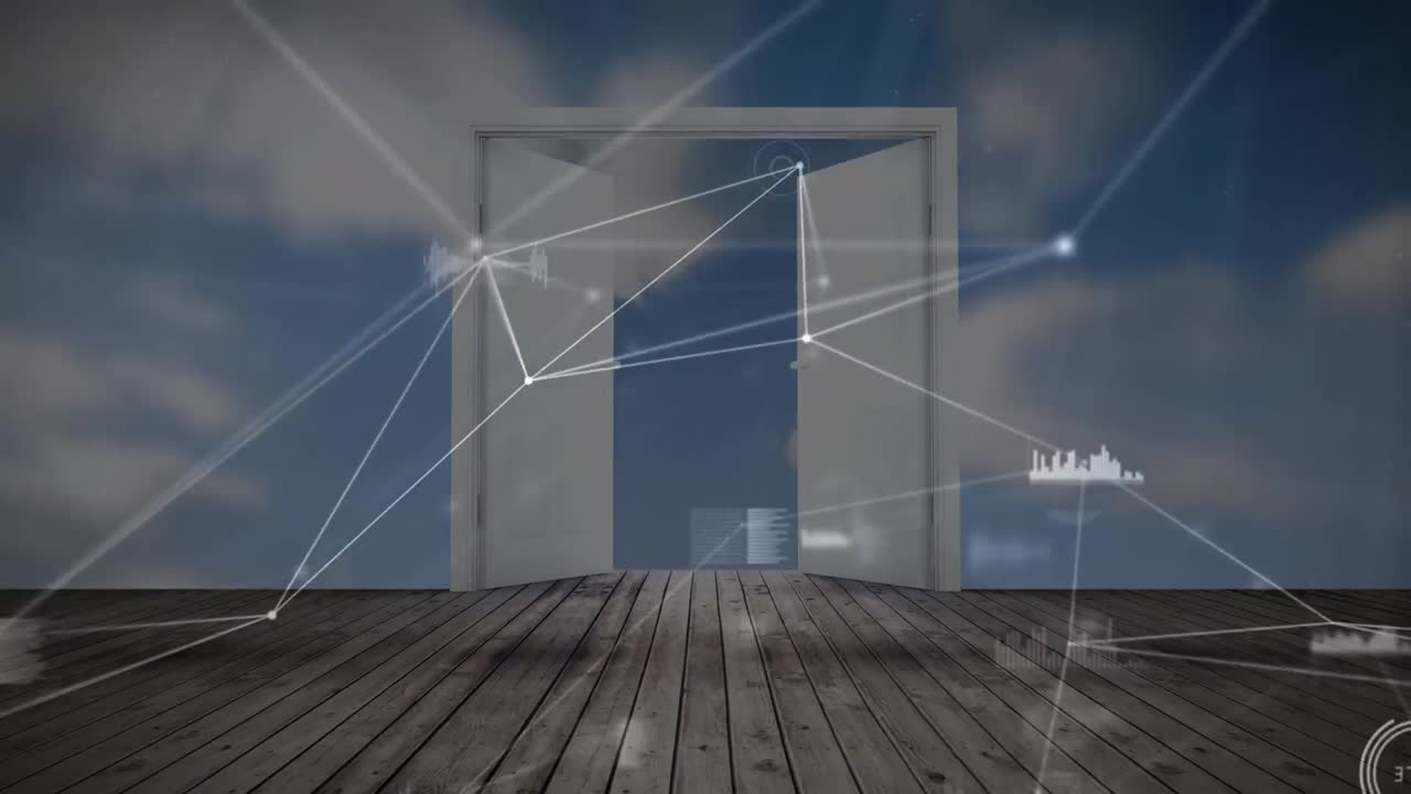 나무판에 문 열기 위에 연결 네트워크의 애니메이션과 데이터 처리가