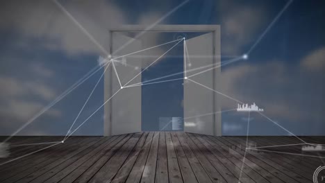 animación de la red de conexiones y procesamiento de datos sobre la apertura de la puerta en una tabla de madera