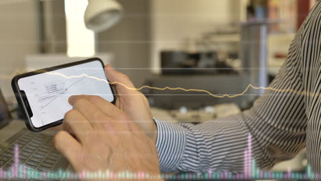 Close-up-shot-of-man-tracing-development-of-stock-market-on-smartphone-at-home---Touching-screen-with-finger---Digital-motion-graphic-and-network-concept---4K-prores-422-shot