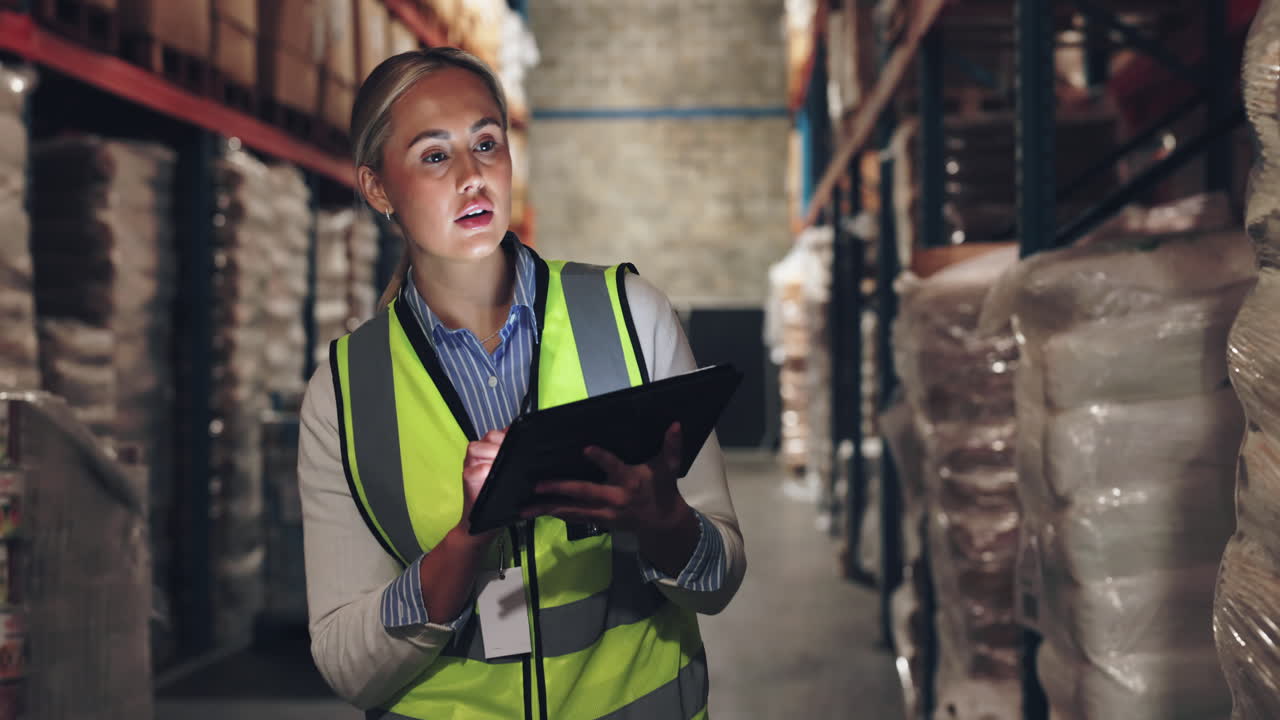mujer en un almacén comprobando el inventario en una tableta