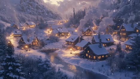 glowing lights warming snow covered wooden chalets nestled in alpine village, chimney smoke drifting across serene mountain landscape during twilight hours