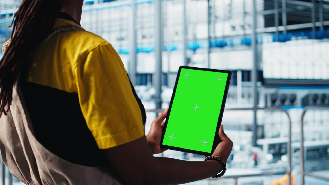 especialista en fábricas inteligentes maneja brazos robóticos usando una tableta de maqueta, de cerca