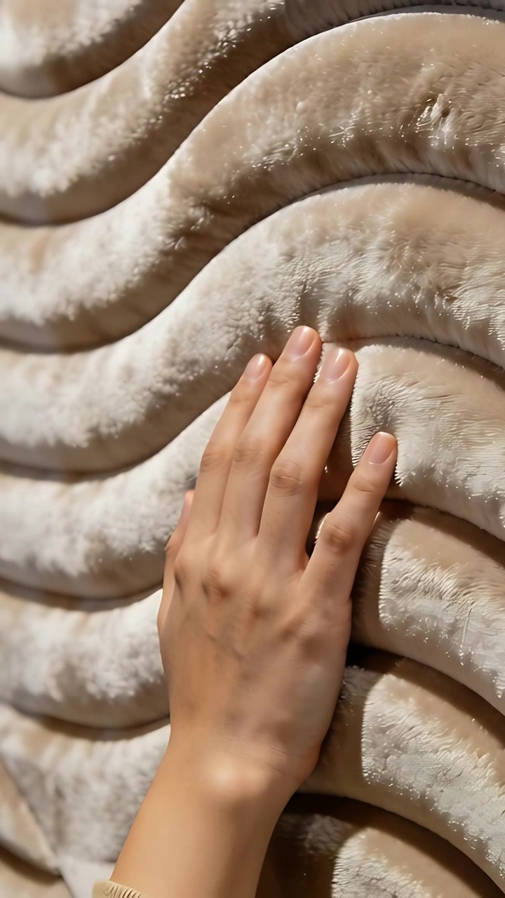 Vertical video: Placing palm, hand gliding along wavy throw on bed to feel pile showing ribbed cuff