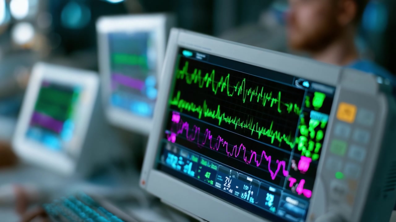 Monitoraggio dei segni vitali: uno sguardo alla salute del paziente attraverso tecnologia medica avanzata e display digitali in un ambiente clinico.