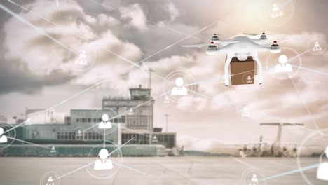 animation of network of profile icons against drone carrying a delivery box at an airport